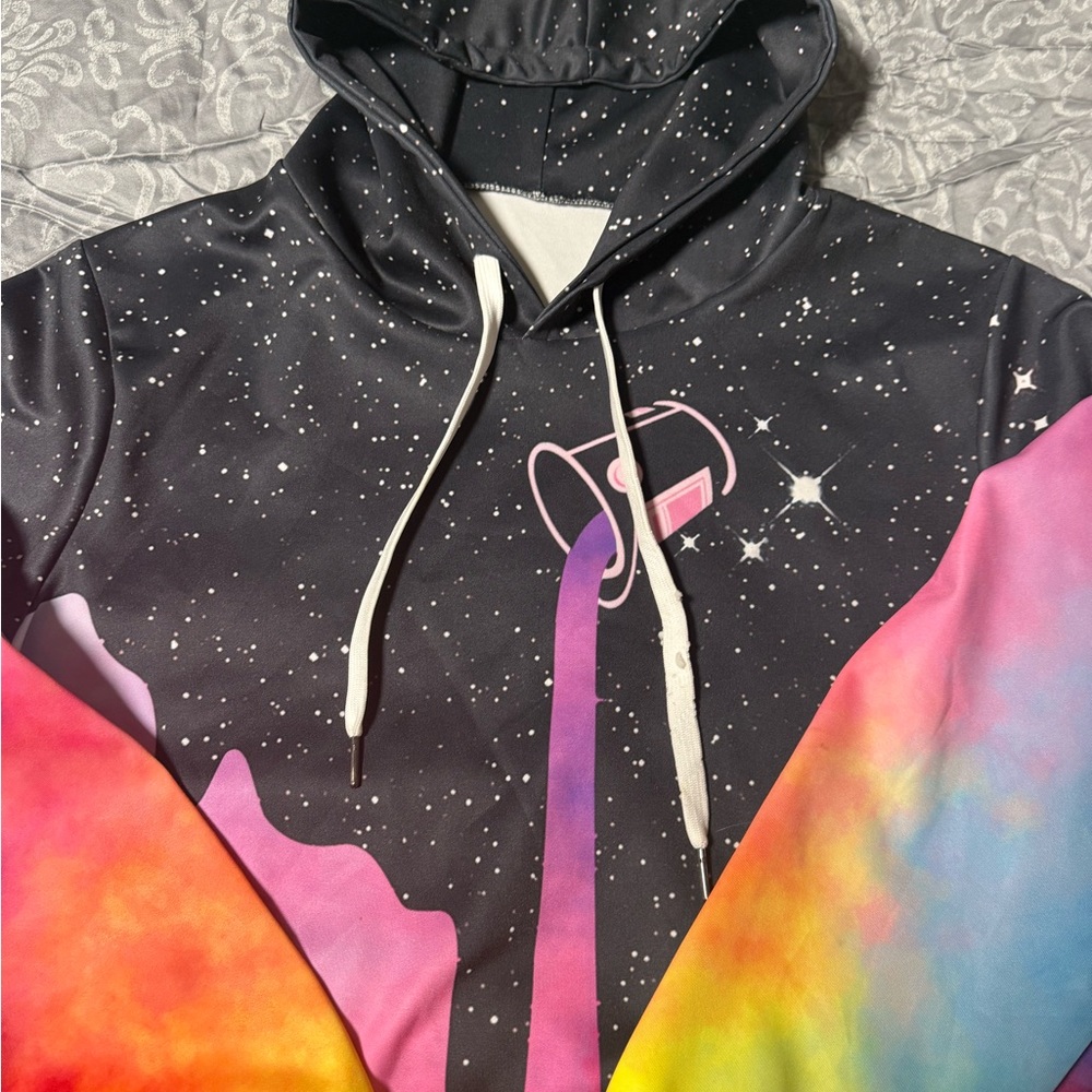 Galaxy Print Hoodie with Rainbow Sleeves